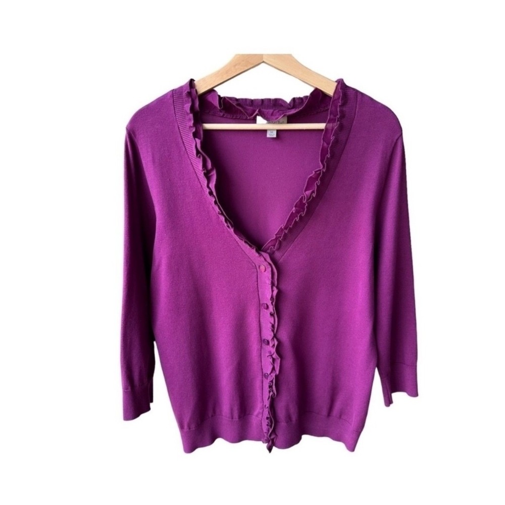 Amber Sun Cardigan Sweater Magenta Purple Silk Blend Ruffle Business Medium